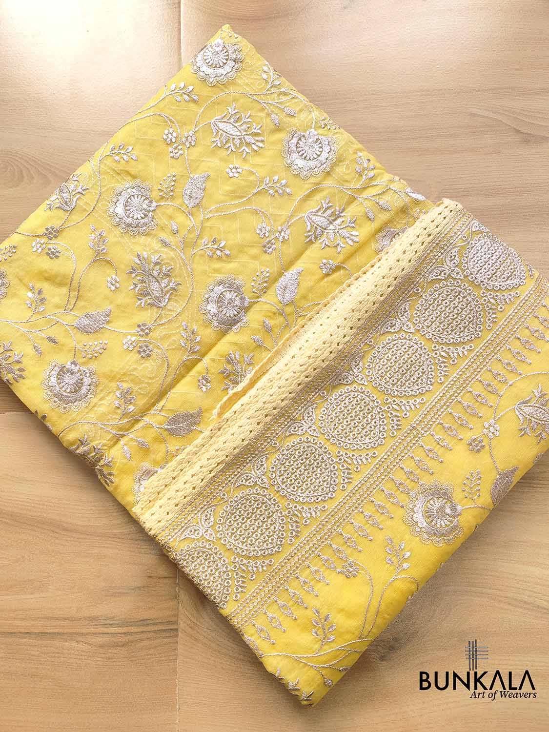 Sunshine Yellow Banarasi Organza Silver Zari Work Floral Design Embroidery Saree