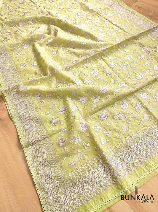 Pista Green Banarasi Organza Silver Zari Work Floral Design Embroidery Saree