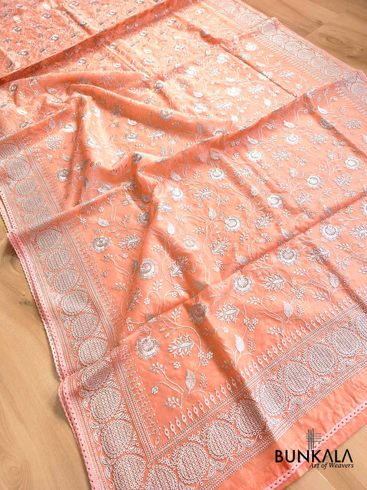 Peach Banarasi Organza Silver Zari Work Floral Design Embroidery Saree