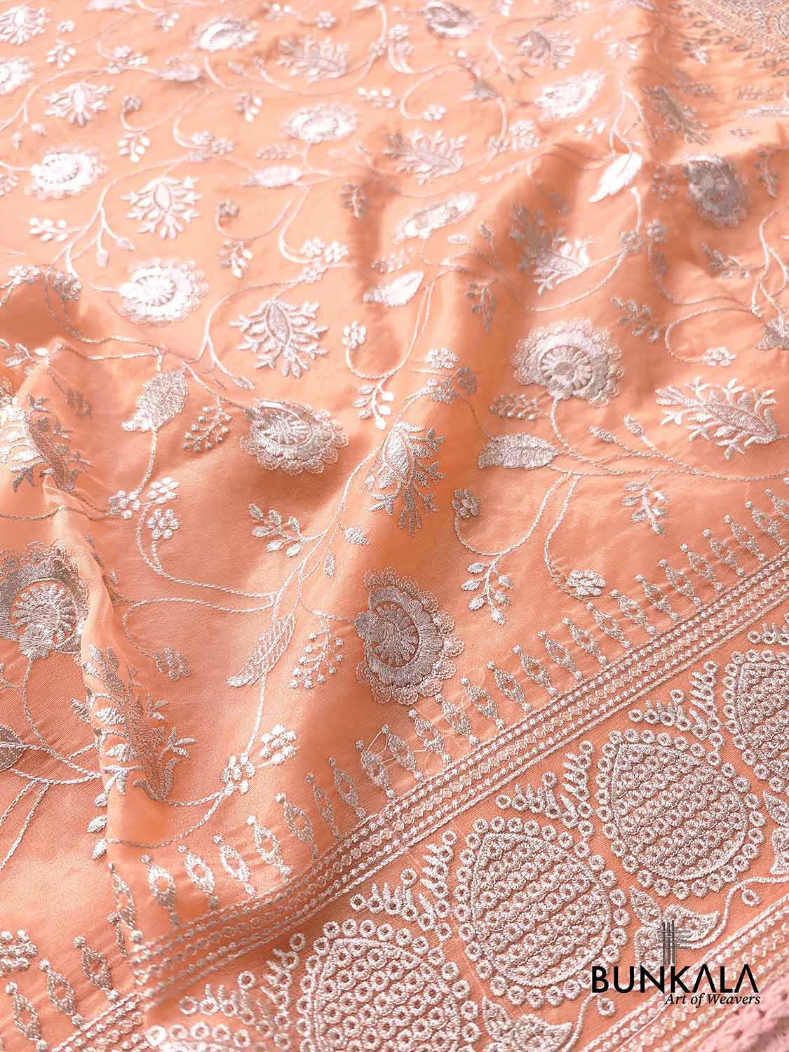 Peach Banarasi Organza Silver Zari Work Floral Design Embroidery Saree