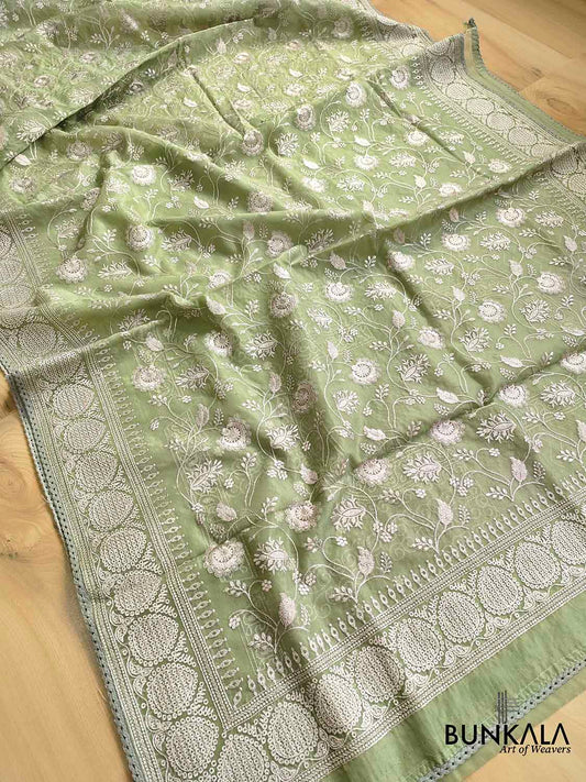 Green Banarasi Organza Silver Zari Work Floral Design Embroidery Saree