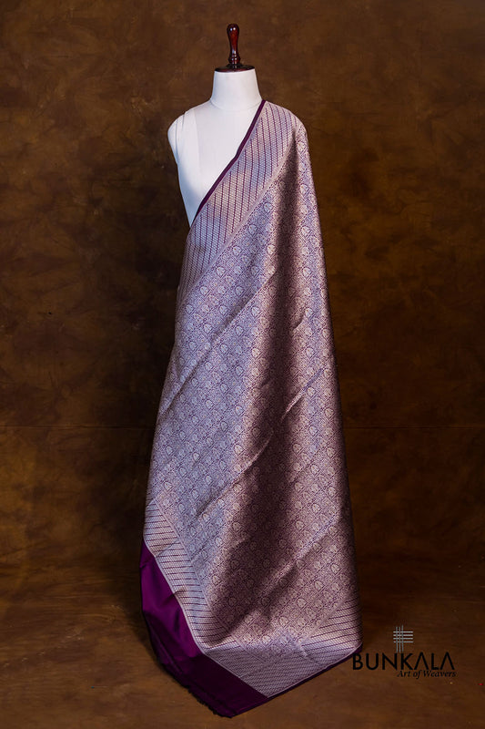 Plum Purple Pure Katan Silk Gold and Silver Zari Brocade Hand Weaved Banarasi Dupatta