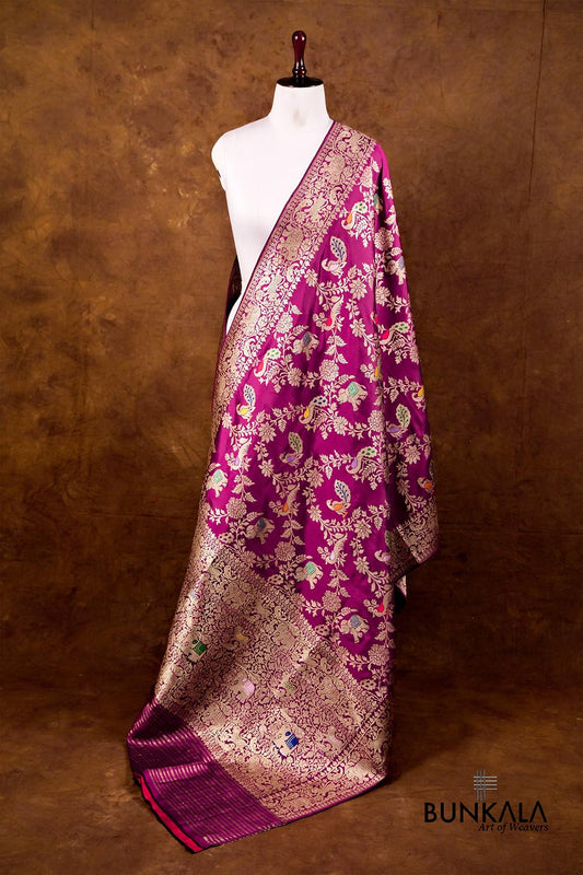 Purple Shikargha Ektara Kadwa Handweaved Banarasi Pure Katan Silk Dupatta