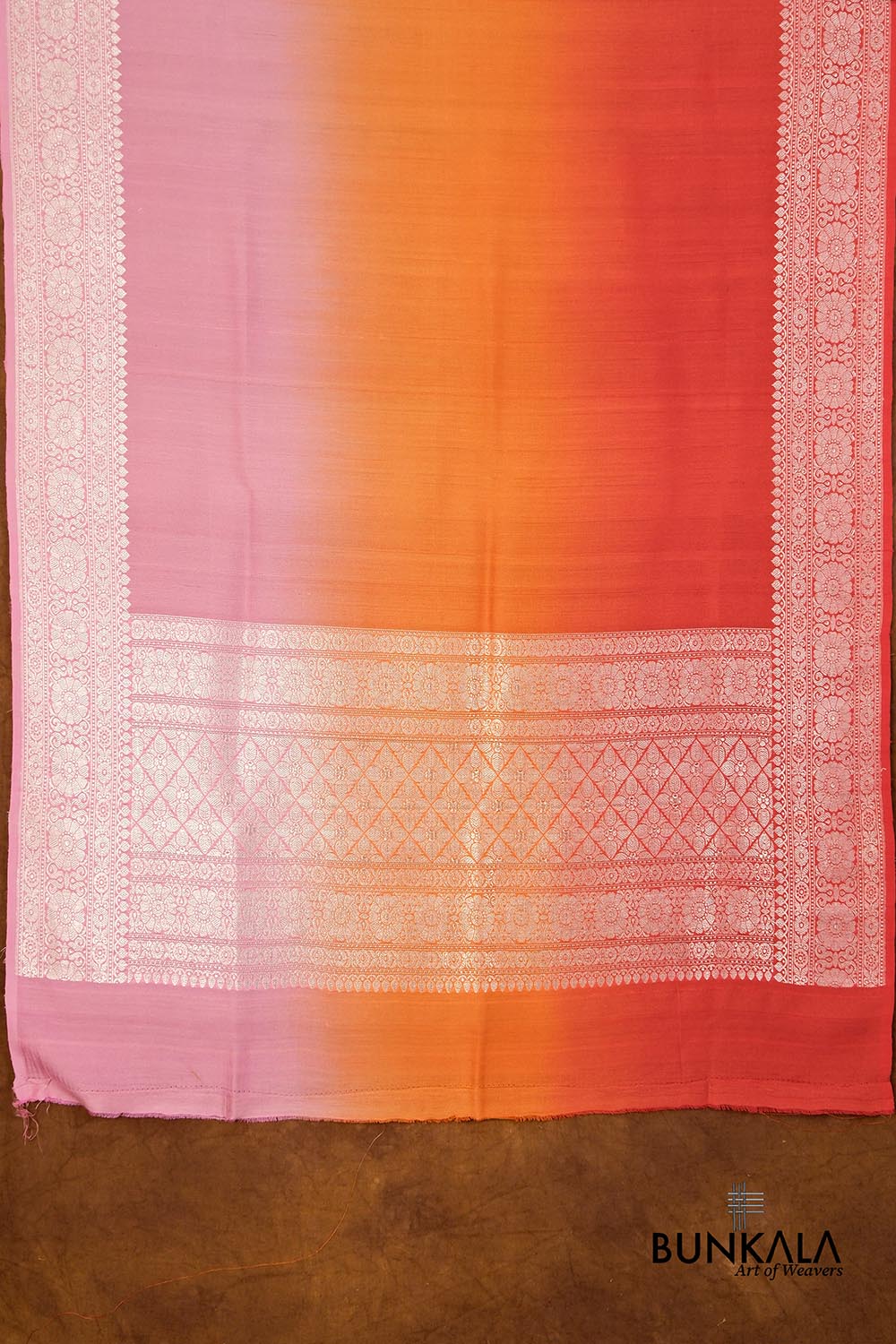 Pink Orange Shaded Plain Silver Zari Handloom Banarasi Pure Tussar Silk Dupatta