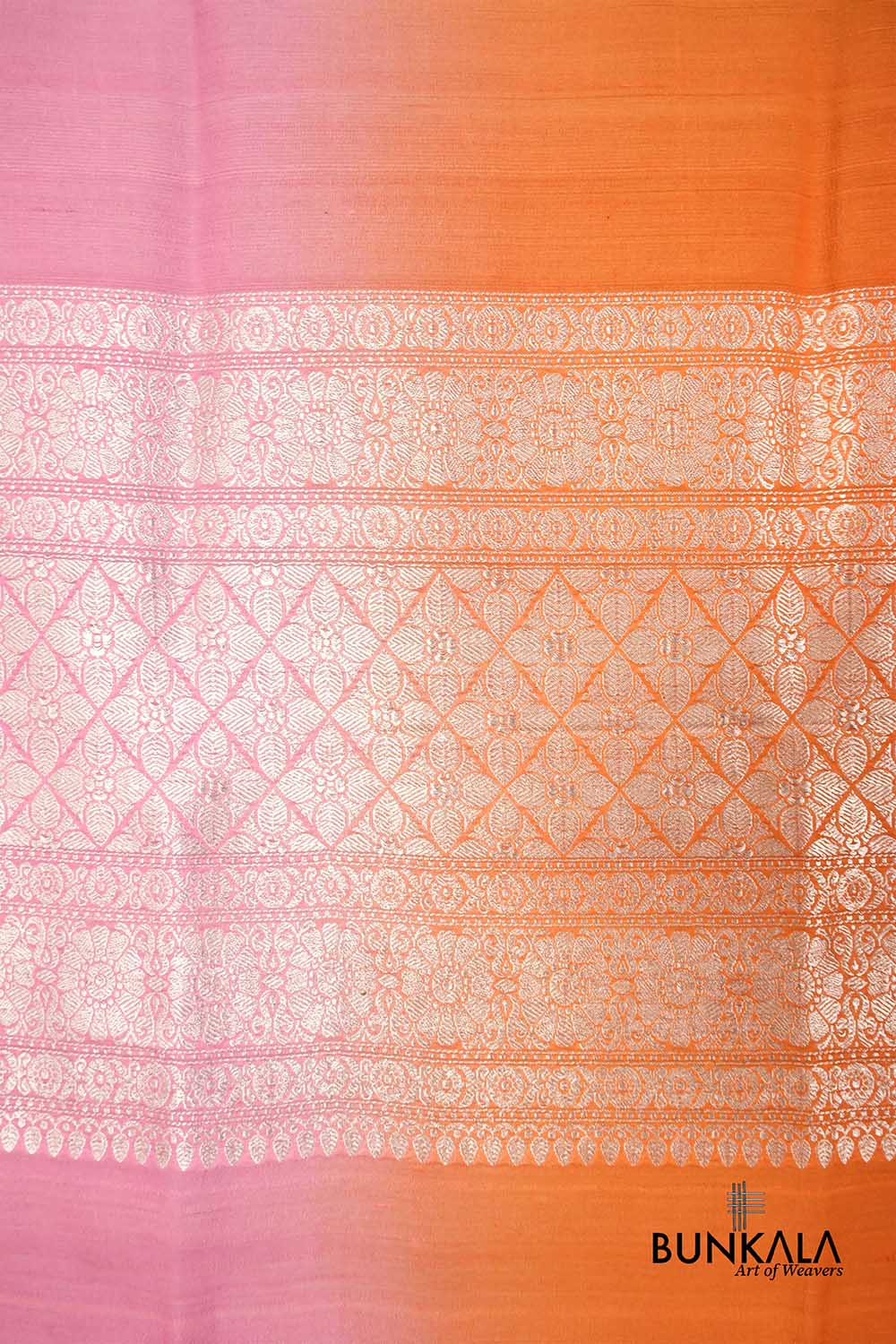 Pink Orange Shaded Plain Silver Zari Handloom Banarasi Pure Tussar Silk Dupatta