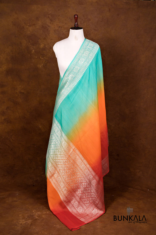 Multicolor Shaded Plain Silver Zari Handloom Banarasi Pure Tussar Silk Dupatta