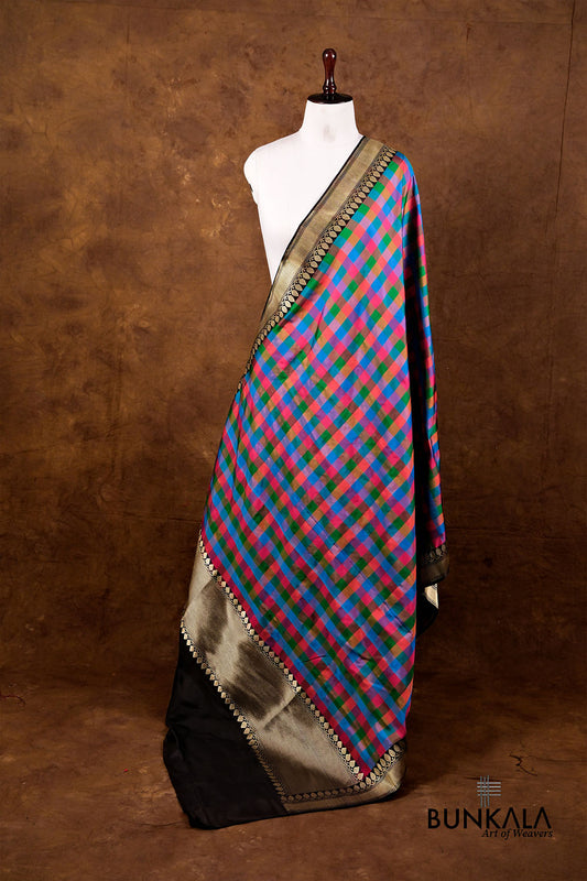 Multicolor Checks Ektara Handloom Banarasi Pure Katan Silk Dupatta