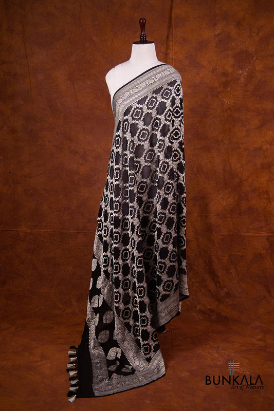 Black Pure Georgette Handloom Silver Zari Jaal Design Banarasi Dupatta