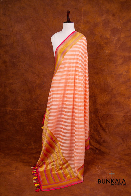 Peach and White Pure Georgette Hand Brush Dye Stripe Design Banarasi Dupatta