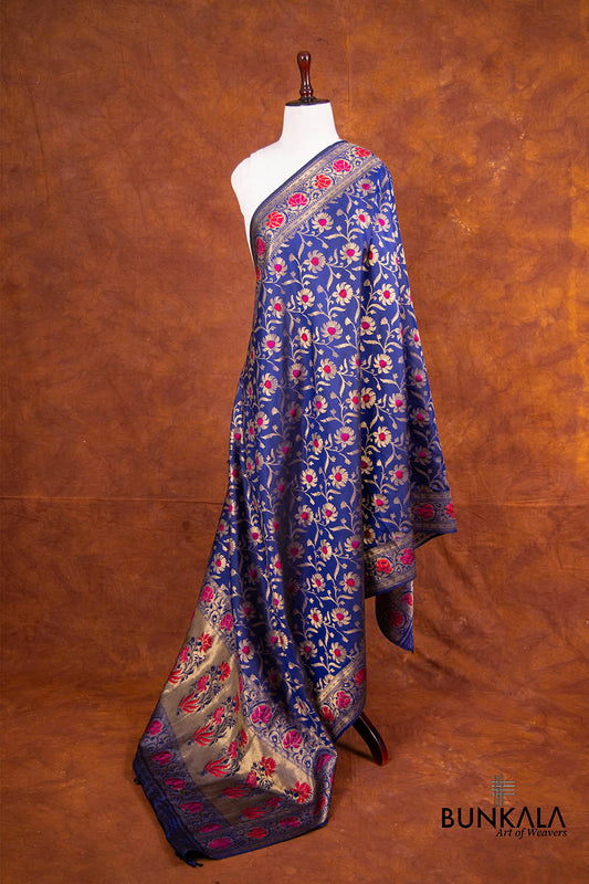 Blue Pure Katan Silk Handloom Meenakari Floral Jaal Design Banarasi Dupatta