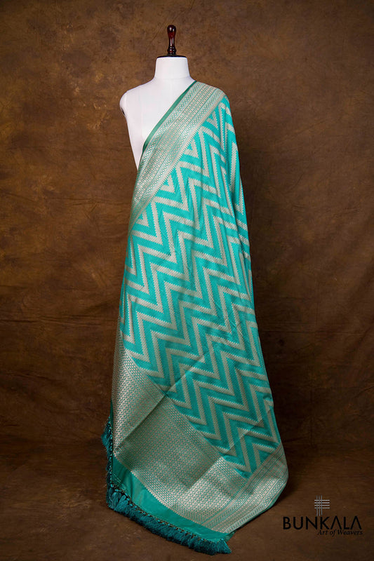 Turquoise Blue Chevron Zig Zag Pattern Weaved Banarasi Mashru Silk Dupatta