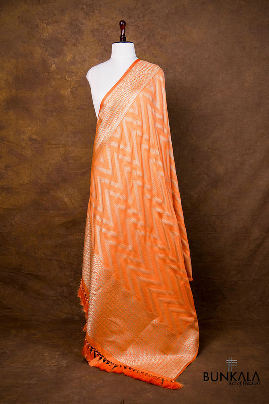 Sunset Peachy Orange Chevron Zig Zag Pattern Weaved Banarasi Mashru Silk Dupatta
