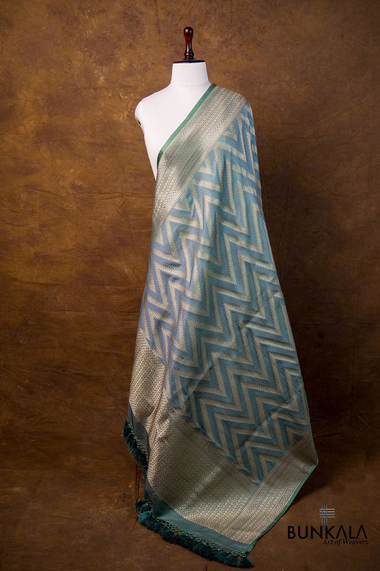 Dusty Greyish Green Chevron Zig Zag Pattern Weaved Banarasi Mashru Silk Dupatta