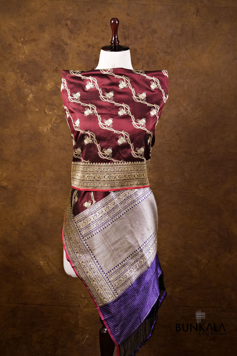 Maroon Leheriya Jangla Kadwa Handweaved Banarasi Pure Katan Silk Dupatta