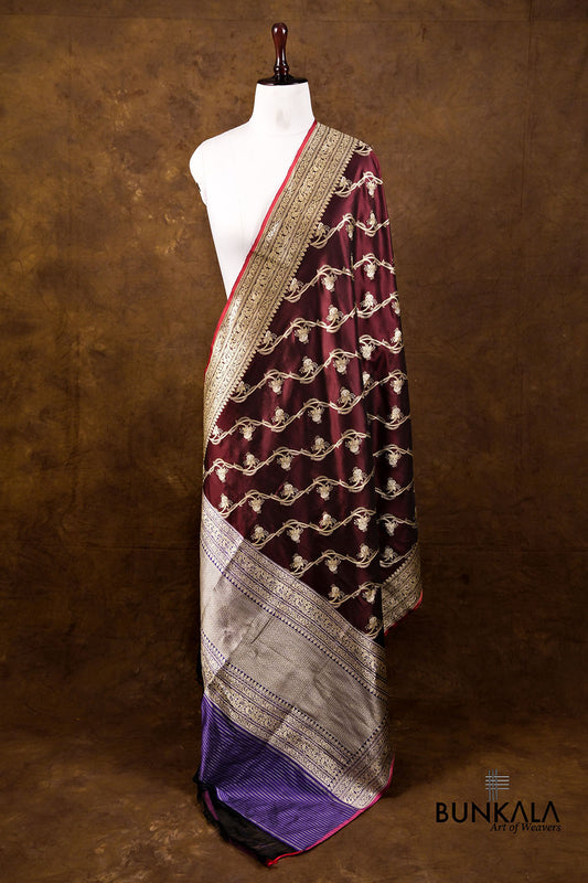 Maroon Leheriya Jangla Kadwa Handweaved Banarasi Pure Katan Silk Dupatta