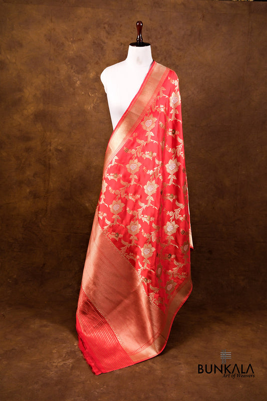 Pink Floral Jaal Kadwa Handweaved Banarasi Pure Katan Silk Dupatta