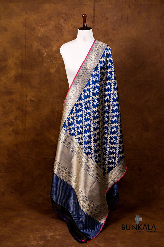 Blue Shikargha Jangla Kadwa Handweaved Banarasi Pure Katan Silk Dupatta