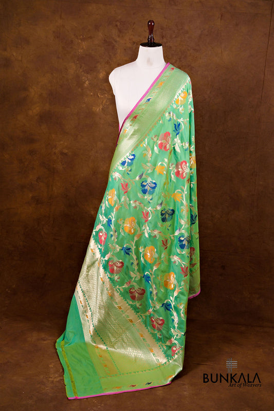 Green Double Shaded Floral Jaal Meenakari Handloom Banarasi Pure Katan Silk Dupatta