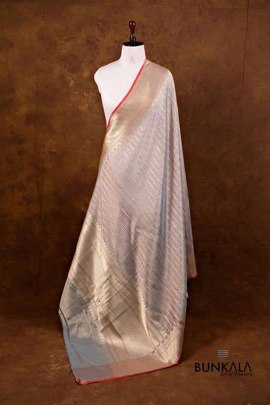 Pastel Blue Resham Stripe Kadwa Handweaved Ektara Banarasi Pure Tissue Silk Dupatta