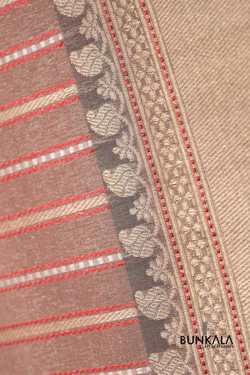 Peach Resham Stripe Kadwa Handweaved Ektara Banarasi Pure Tissue Silk Dupatta