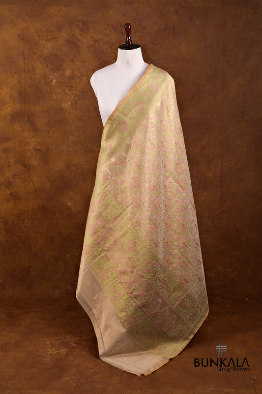 Golden and Pink Resham Floral Design Handloom Banarasi Pure Tissue Silk Dupatta