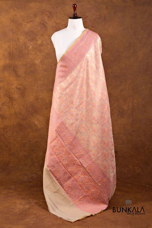 Golden and Pink Resham Floral Design Handloom Banarasi Pure Tissue Silk Dupatta