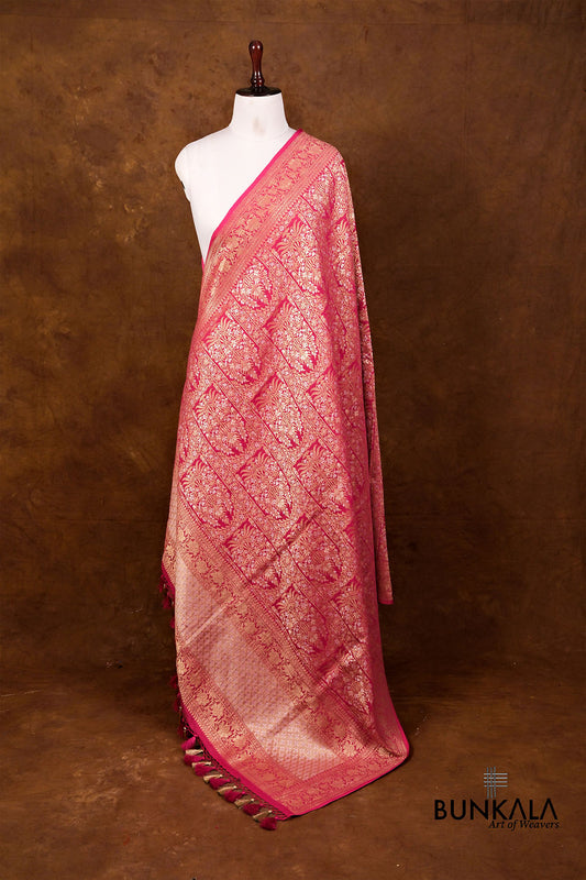 Rani Pink Floral Design Handloom Banarasi Pure Moonga Silk Dupatta