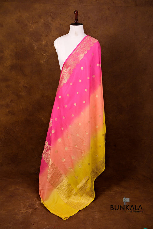 Yellow Peach Shaded Kadwa Buti Handweaved Banarasi Pure Moonga Silk Dupatta