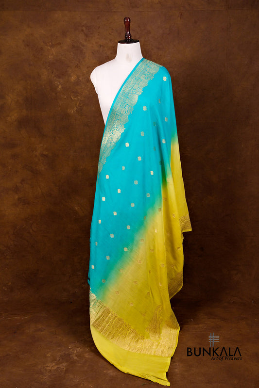 Blue Yellow Shaded Kadwa Buti Handweaved Banarasi Pure Moonga Silk Dupatta