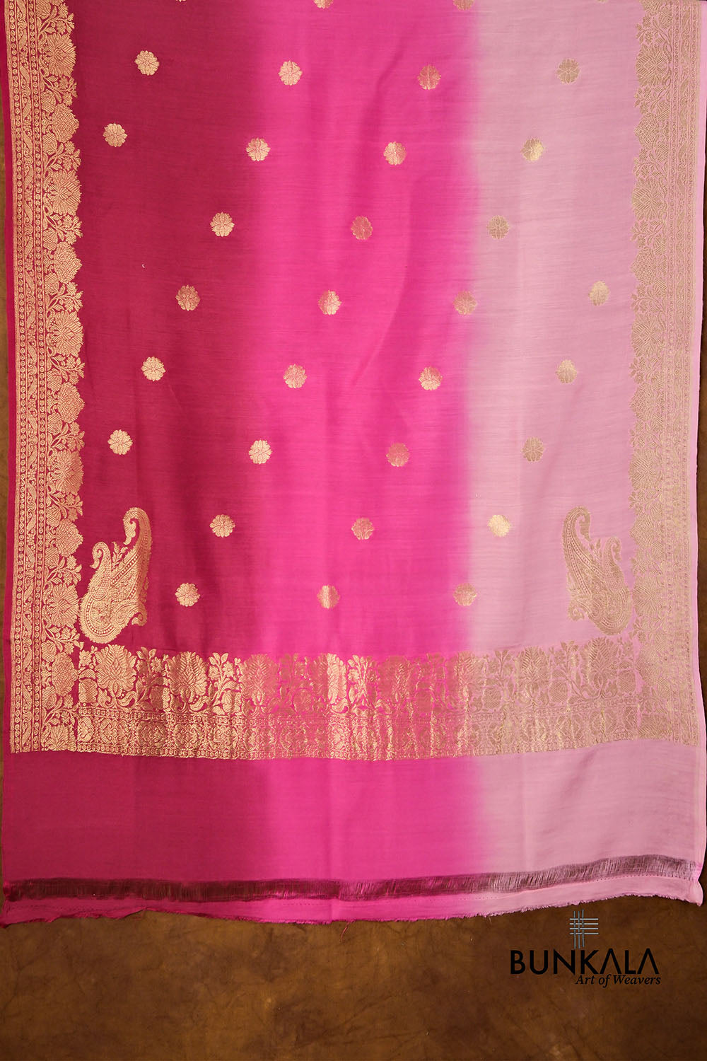 Pink Shaded Kadwa Buti Handweaved Banarasi Pure Moonga Silk Dupatta