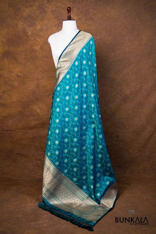 Peacock Teal Blue Self Color Jaal Jamewar Tanchui Weaved Banarasi Mashru Silk Dupatta