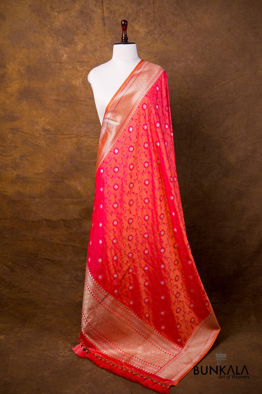 Royal Pink Orange Dual Tone Jaal Jamewar Tanchui Weaved Banarasi Mashru Silk Dupatta