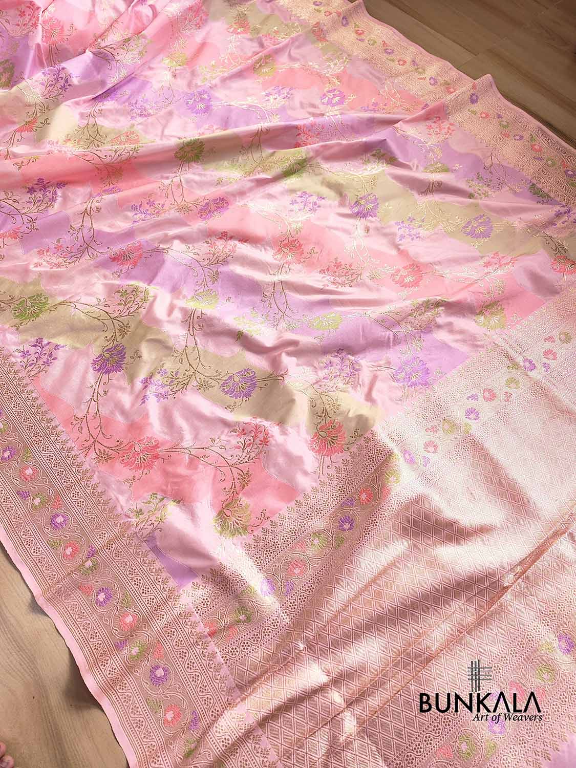 Pastel Baby Pink Rangkaat Pure Katan Silk Kadwa Handweaved Jaal Design Meenakari Banarasi Saree