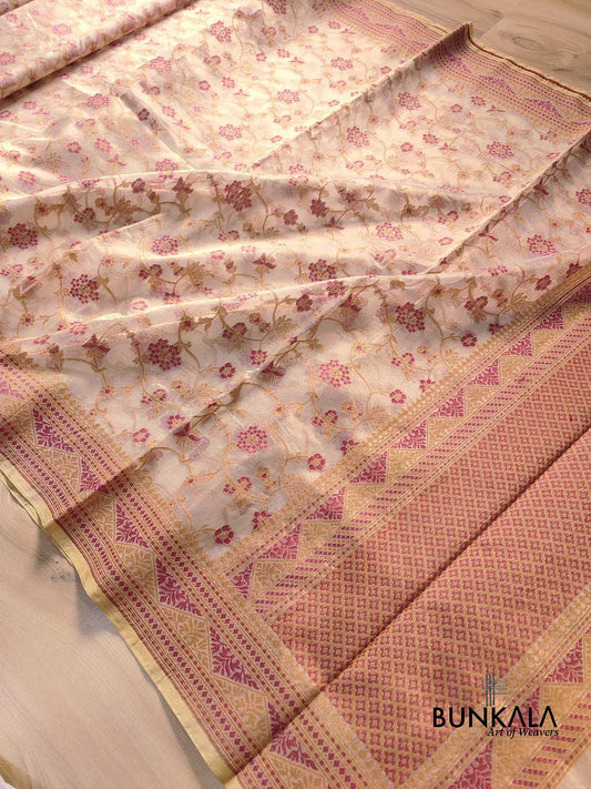 Red with Beige Banarasi Soft Tissue Silk Saree