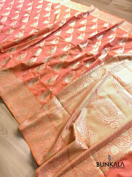Pink Orange Paisley Sona Rupa Buta Weaved Banarasi Silk Saree