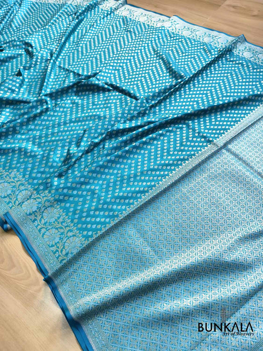 Aqua Blue Floral Border Sona Rupa Buti Weaved Banarasi Silk Saree