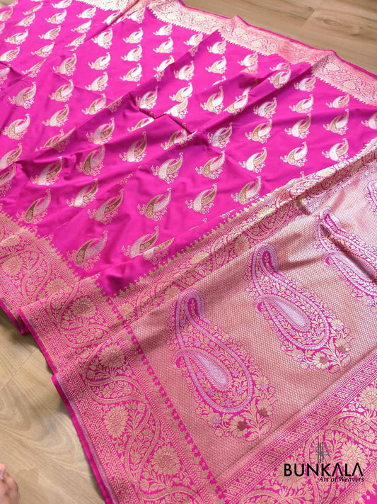 Bright Pink Paisley Sona Rupa Buta Weaved Banarasi Silk Saree