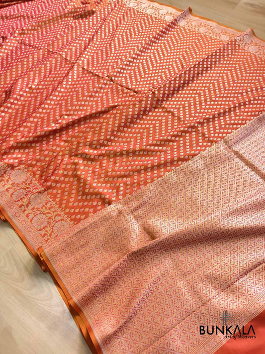 Vibrant Pink & Orange Shaded Floral Border Sona Rupa Buti Weaved Banarasi Silk Saree