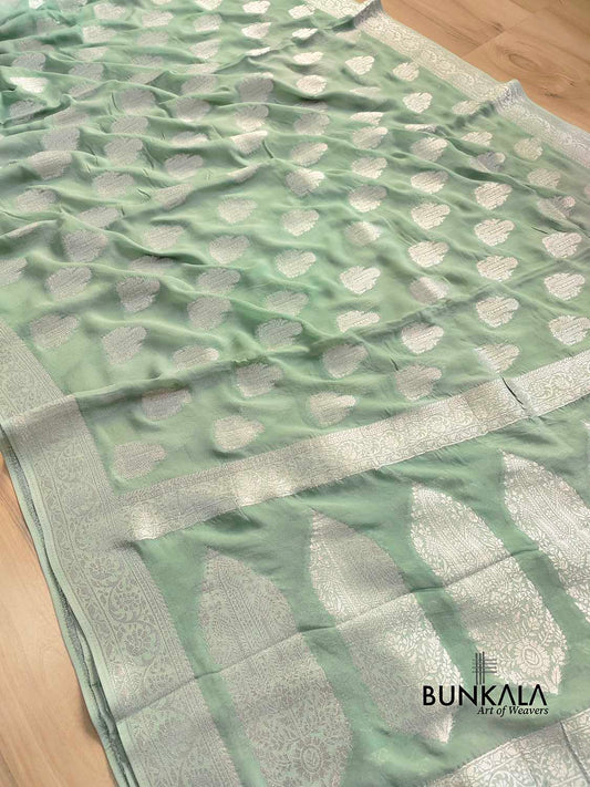 Pastel Green Georgette Silver Zari Weaved Allover Buta Banarasi Saree with Brocade Blouse