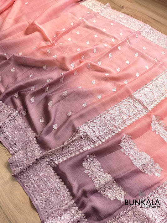 Peach and Onion Pink Shaded Pure Khaddi Chiffon Allover Silver Zari Buti Banarasi Saree