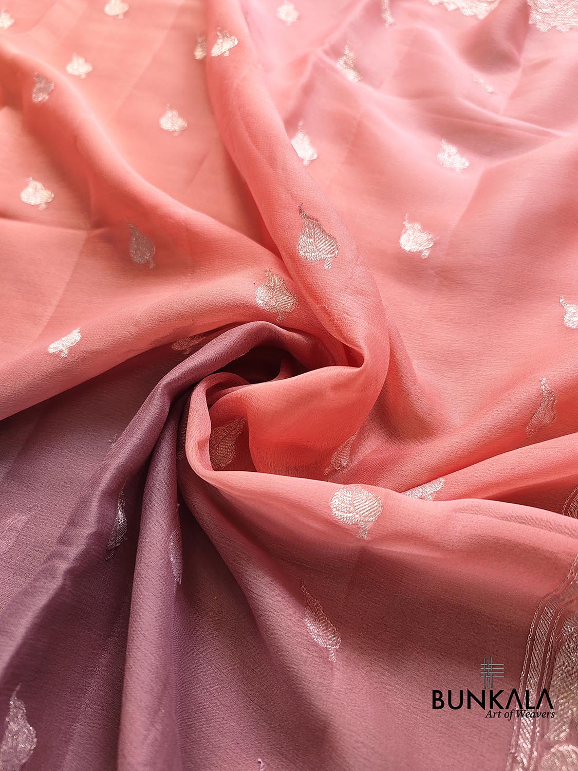 Peach and Onion Pink Shaded Pure Khaddi Chiffon Allover Silver Zari Buti Banarasi Saree