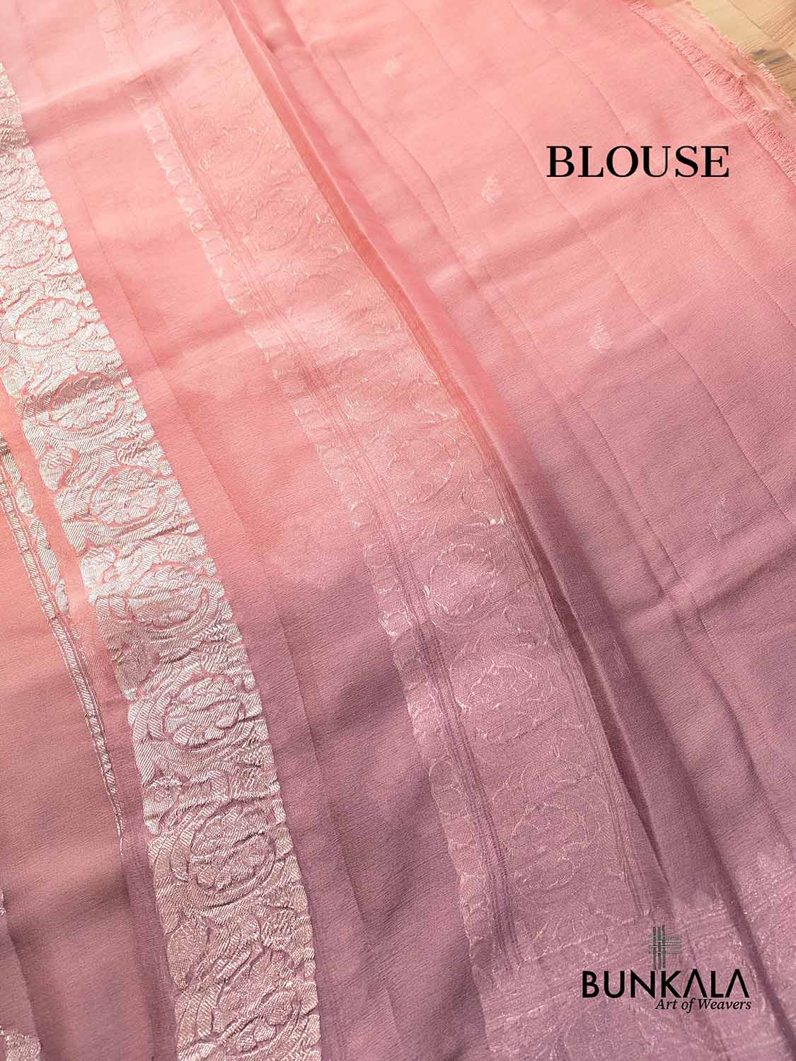 Peach and Onion Pink Shaded Pure Khaddi Chiffon Allover Silver Zari Buti Banarasi Saree