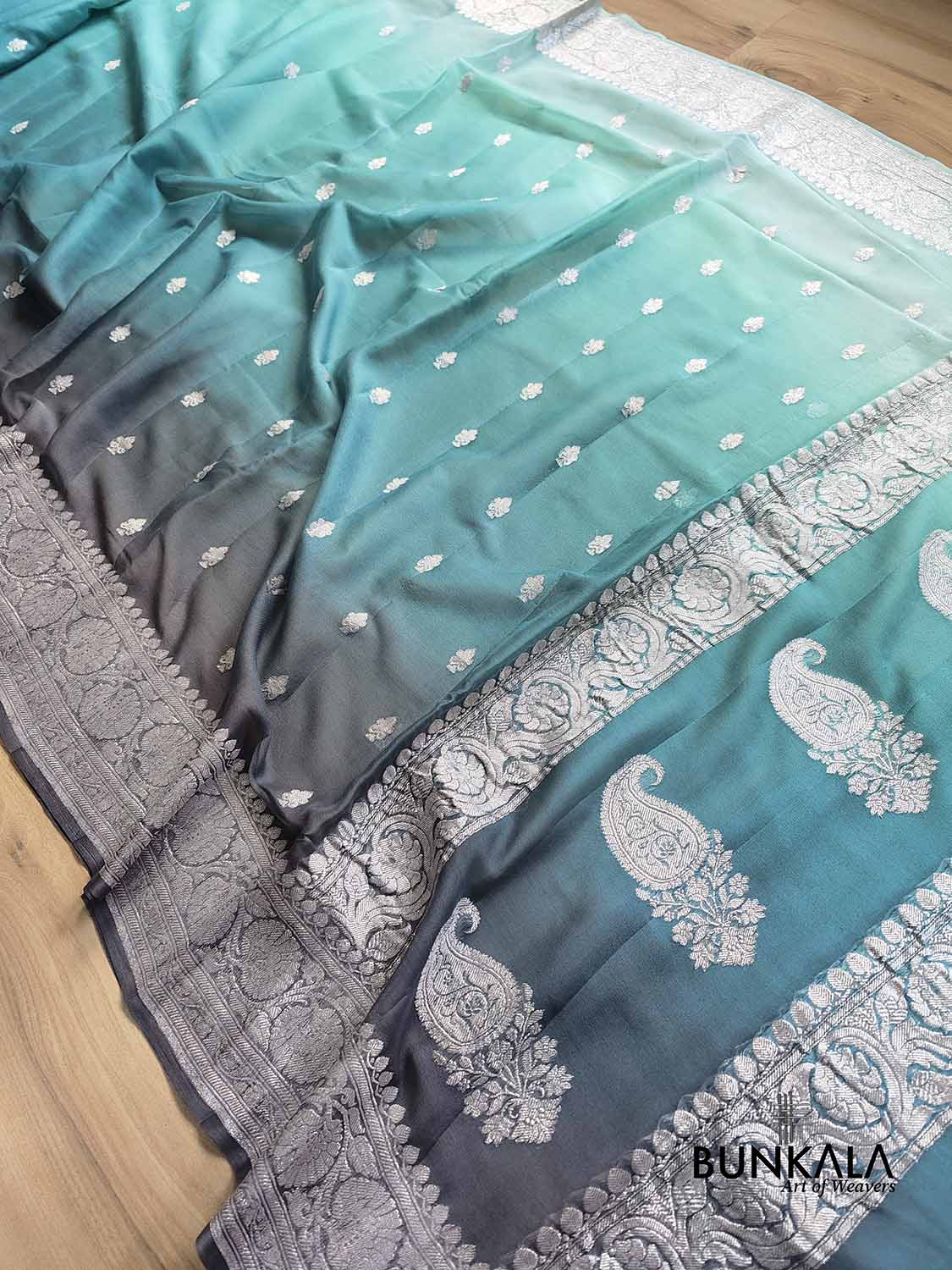 Turquoise Blue and Grey Shaded Pure Khaddi Chiffon Allover Silver Zari Buti Banarasi Saree