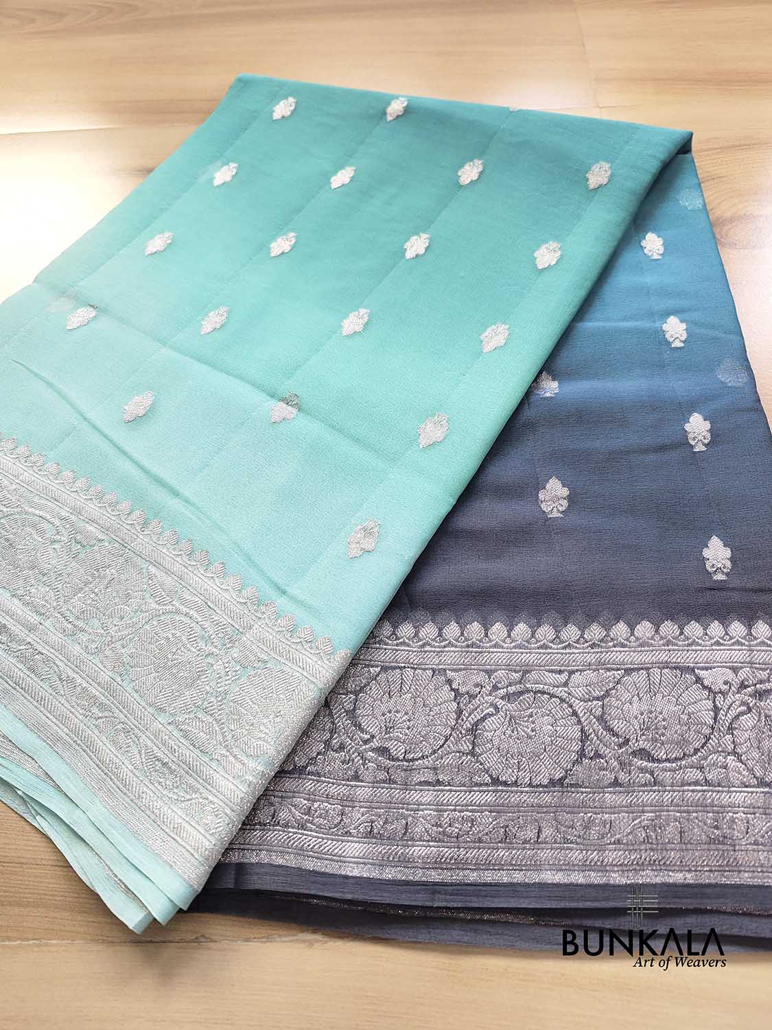 Turquoise Blue and Grey Shaded Pure Khaddi Chiffon Allover Silver Zari Buti Banarasi Saree