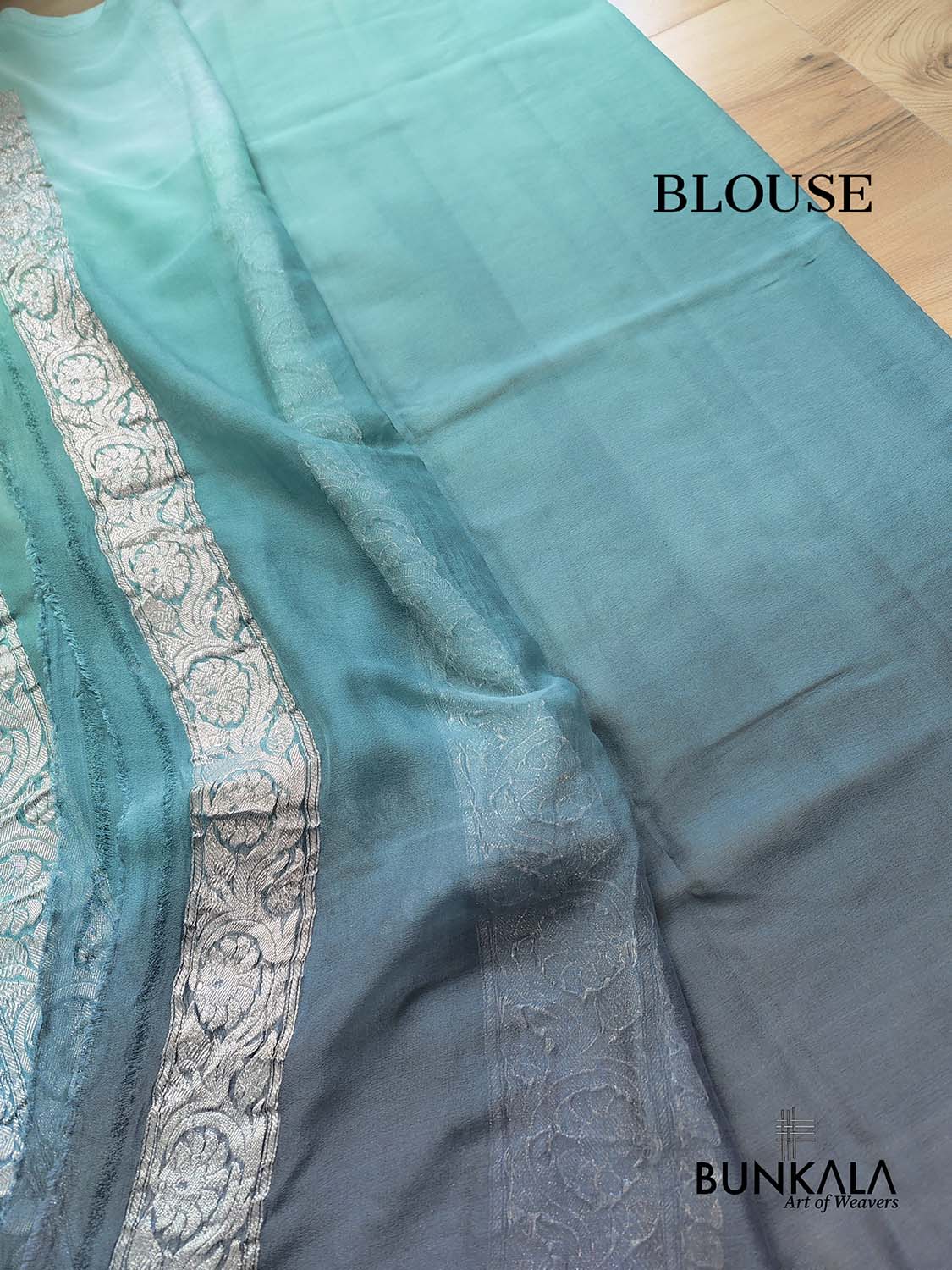 Turquoise Blue and Grey Shaded Pure Khaddi Chiffon Allover Silver Zari Buti Banarasi Saree