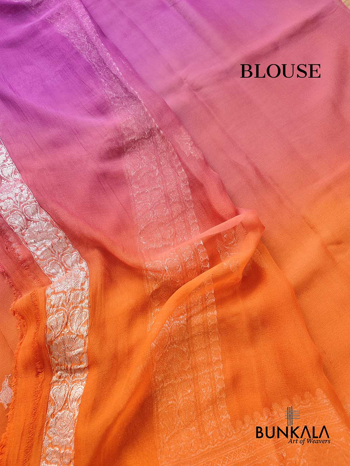 Magenta Pink and Orange Shaded Pure Khaddi Chiffon Allover Silver Zari Buti Banarasi Saree