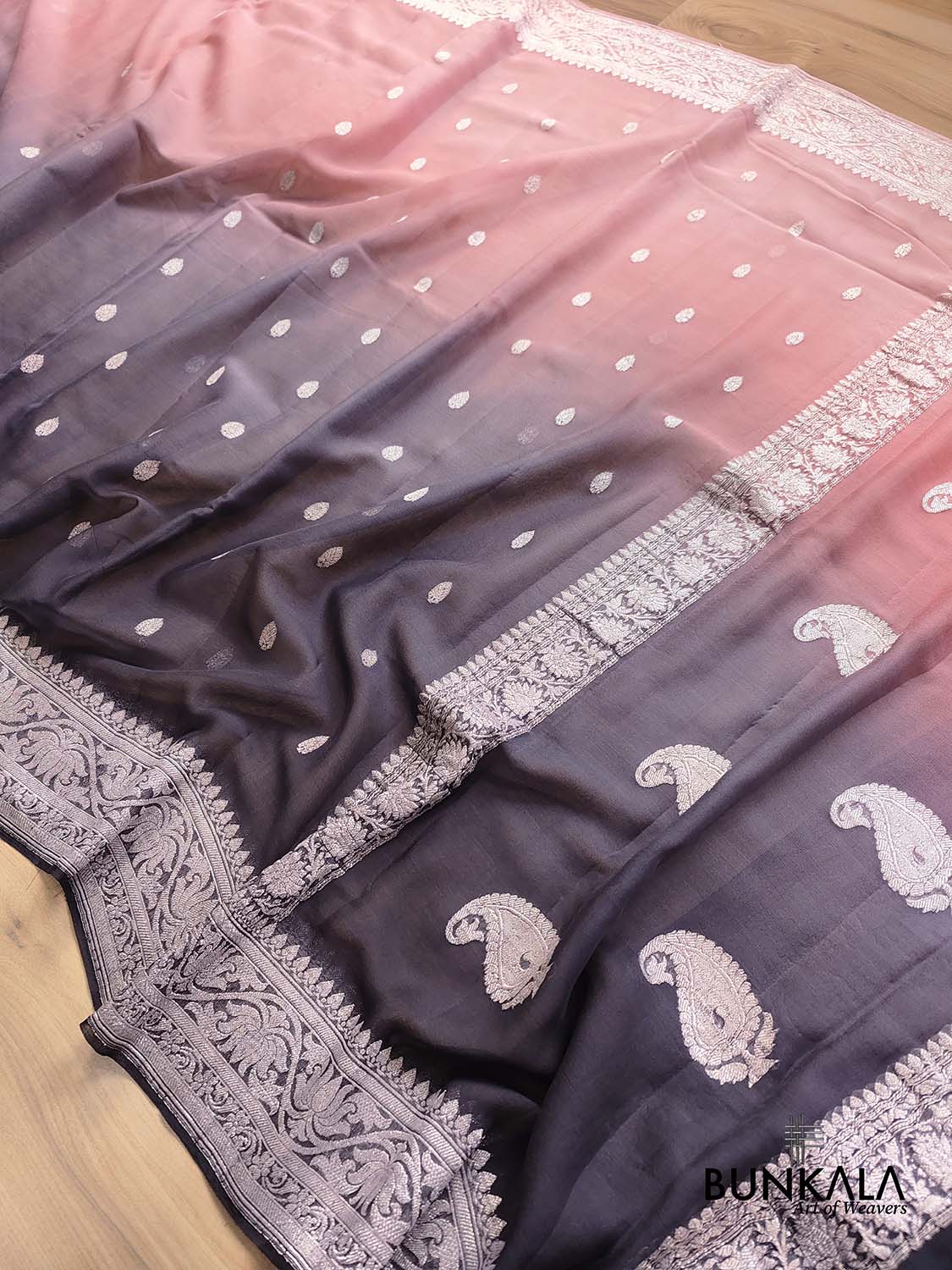 Nude Pink and Black Shaded Pure Khaddi Chiffon Allover Silver Zari Buti Banarasi Saree