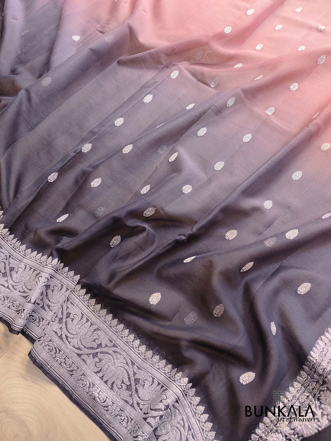 Nude Pink and Black Shaded Pure Khaddi Chiffon Allover Silver Zari Buti Banarasi Saree