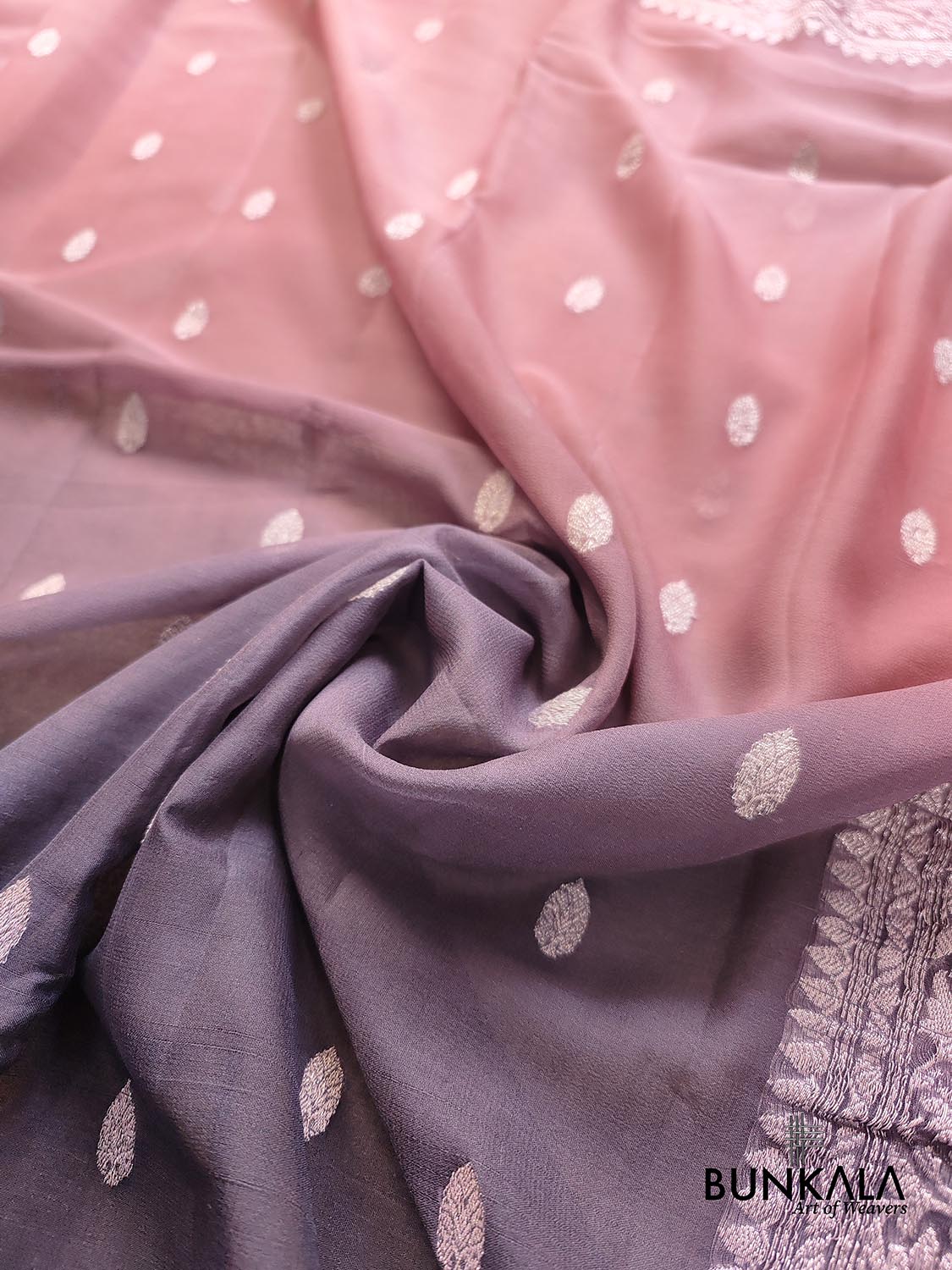 Nude Pink and Black Shaded Pure Khaddi Chiffon Allover Silver Zari Buti Banarasi Saree