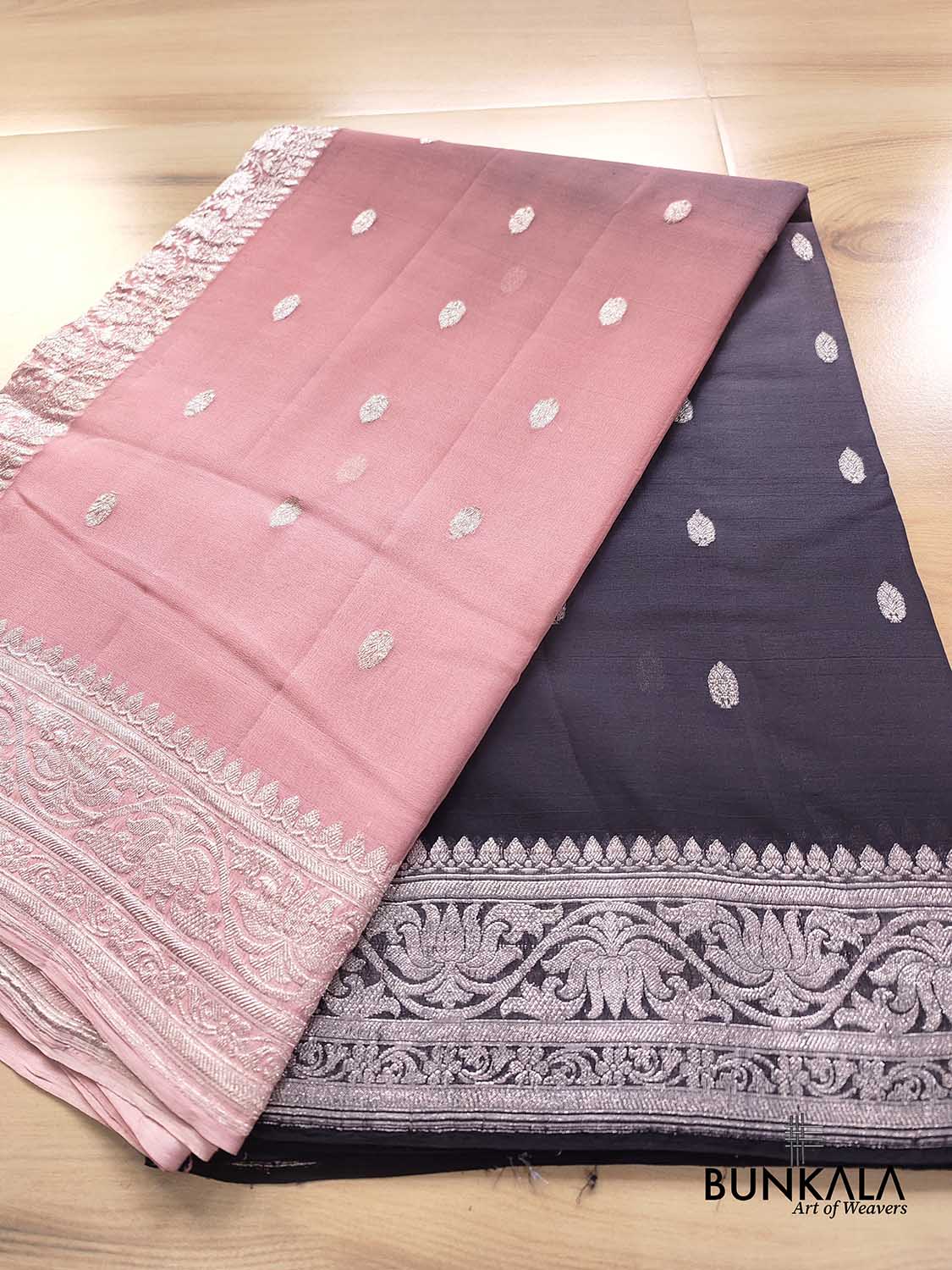 Nude Pink and Black Shaded Pure Khaddi Chiffon Allover Silver Zari Buti Banarasi Saree